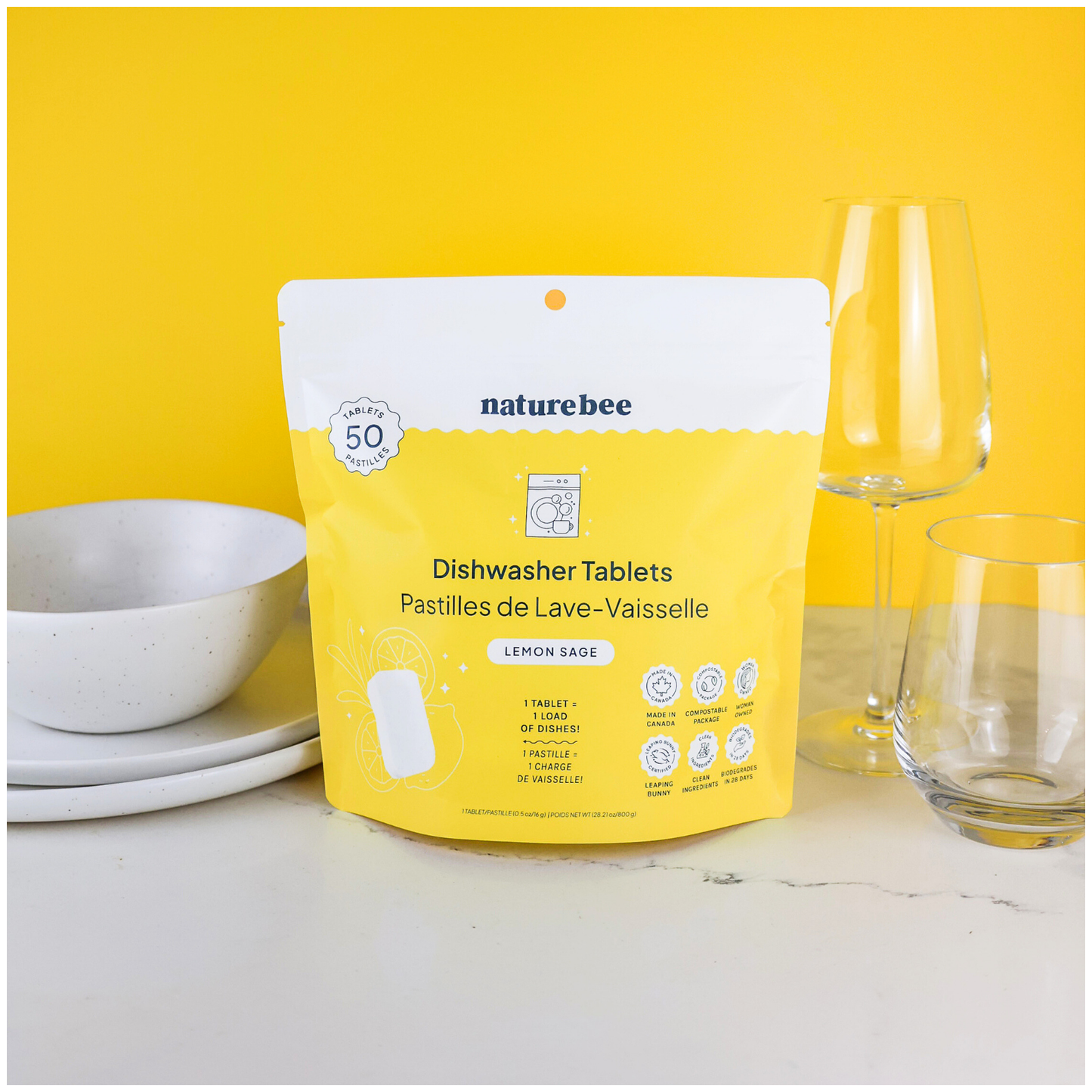 Dishwasher Tablets Lemon | MADE IN CANADA | Nature Bee: Bag of 50