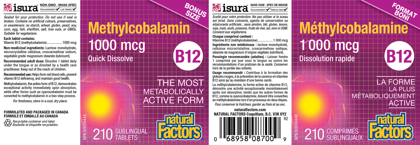 Methylcobalamin B12 1000mcg 210 tabs bonus bottle